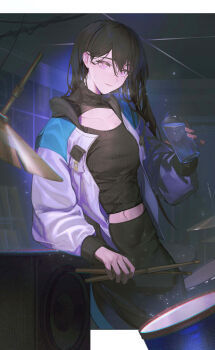 Rule 34 | 1girl, absurdres, bang dream!, bang dream! it's mygo!!!!!, black hair, black shirt, bottle, breasts, chinese commentary, commentary request, commission, drumsticks, earrings, hair between eyes, highres, holding, holding bottle, holding drumsticks, jacket, jewelry, long hair, looking at viewer, medium breasts, mole, mole under eye, mooofoo, open clothes, open jacket, purple eyes, second-party source, shiina taki, shirt, single earring, solo, speaker, sweat, white jacket