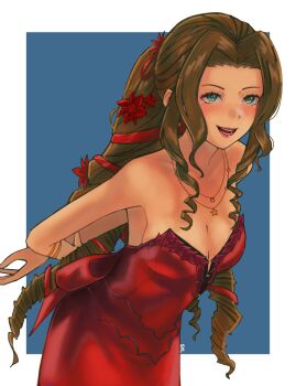aerith_gainsborough aerith_gainsborough_(red_dress) armlet arms_behind_back back_bow bare_shoulders blue_background blush border bow breasts brown_hair cleavage cowboy_shot dress final_fantasy final_fantasy_vii final_fantasy_vii_remake flamenco_dress flower green_eyes hair_flower hair_ornament hair_ribbon highres illseeyalater jewelry leaning_forward long_hair looking_at_viewer medium_breasts multiple_necklaces necklace official_alternate_costume open_mouth parted_bangs red_dress red_flower red_ribbon ribbon ringlets sidelocks smile star_(symbol) star_necklace strapless strapless_dress white_border