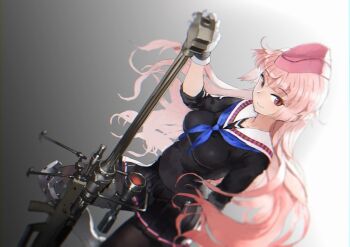 1girl blue_scarf girls'_frontline gradient_background gun holding holding_gun holding_weapon long_hair ntw-20_(girls'_frontline) pink_hair red_eyes scarf siqi_(miharuu) smile solo weapon
