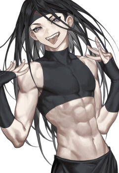 Rule 34 | 1boy, abs, absurdres, bare arms, bare shoulders, black gloves, black hair, black headband, cbow, commentary request, covered collarbone, covered pectorals, crop top, elbow gloves, envy (fma), eyelashes, fangs, fingerless gloves, fingernails, fullmetal alchemist, gloves, headband, highres, long hair, male focus, navel, pectorals, purple eyes, simple background, skin tight, solo, teeth, tongue, tongue out, white background, white nails