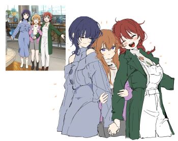 3girls absurdres arm_hug asaka_karin bananahaemeog bare_shoulders blue_dress blue_hair blush braid breasts brown_hair cardigan closed_eyes coat dress emma_verde freckles green_coat grey_skirt highres holding_hands konoe_kanata large_breasts long_hair love_live! love_live!_nijigasaki_high_school_idol_club low_twin_braids multiple_girls off_shoulder official_art_inset open_cardigan open_clothes open_coat overalls purple_cardigan purple_eyes reference_inset skirt sleeveless sleeveless_sweater standing sweater turtleneck turtleneck_sweater twin_braids white_overalls white_sweater