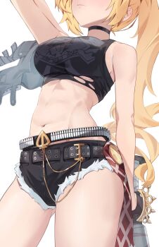 1girl absurdres arm_up baseball_bat belt black_belt black_choker black_jacket black_shirt black_shorts blonde_hair brass_knuckles breasts choker closed_mouth crop_top cropped_shirt cutoffs eyes_out_of_frame head_out_of_frame highres holding holding_baseball_bat holding_jacket holding_unworn_clothes jacket jaihu long_hair luciana_de_montefio medium_breasts metal_baseball_bat micro_shorts midriff navel revision shirt shorts side_ponytail simple_background sleeveless sleeveless_shirt solo stomach unworn_jacket weapon white_background zenless_zone_zero