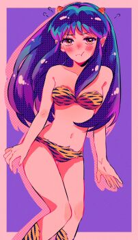 1girl afterimage animal_print bikini blue_hair breasts commentary cone_horns dithering highres horns long_hair looking_at_viewer lum navel pointy_ears print_bikini print_boots rumic_0620 sidelocks solo swimsuit tiger_print urusei_yatsura