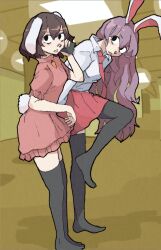 Rule 34 | 2girls, absurdres, animal ears, backrooms (creepypasta), black eyes, black thighhighs, brown hair, carrot necklace, ceiling light, collared shirt, commentary, dress, floppy ears, foot out of frame, full body, headhonchkrow, highres, holding, holding phone, inaba tewi, indoors, jewelry, long hair, long sleeves, multiple girls, necklace, necktie, no shoes, open mouth, phone, pink dress, pink necktie, pink skirt, pleated skirt, rabbit ears, rabbit girl, rabbit tail, reisen udongein inaba, shirt, short hair, short sleeves, skirt, standing, standing on one leg, tail, talking on phone, thighhighs, touhou, very long hair, white shirt