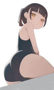 1girl ass black_one-piece_swimsuit blunt_bangs brown_hair from_behind highres hiroki_(yyqw7151) loli looking_at_viewer one-piece_swimsuit original short_hair simple_background sitting solo swimsuit thighs white_background yellow_eyes