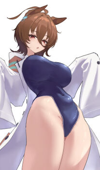 1girl agnes_tachyon_(umamusume) ahoge alternate_breast_size_(larger) animal_ears blue_one-piece_swimsuit blush breasts brown_hair coat commentary_request competition_school_swimsuit covered_navel earrings hair_between_eyes highres horse_ears horse_girl huge_ahoge jewelry lab_coat large_breasts long_sleeves mara2ks medium_hair one-piece_swimsuit open_clothes open_coat open_mouth red_eyes school_swimsuit simple_background single_earring sleeves_past_fingers sleeves_past_wrists solo swimsuit textless_version tracen_swimsuit umamusume white_background white_coat