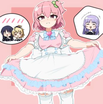 Rule 34 | 4girls, :d, ^ ^, ahoge, ando tazusa, apron, assault lily, banshouya ena, black hair, black ribbon, blonde hair, blue bow, blue bowtie, blush, border, bow, bowtie, bright pupils, chibi, chibi inset, closed eyes, closed mouth, clover, commentary request, cowboy shot, dress, four-leaf clover, frilled apron, frilled dress, frills, garter straps, hair between eyes, hands up, high ponytail, highres, hitotsuyanagi riri, long hair, looking at viewer, low-tied sidelocks, multiple girls, neck ribbon, no pupils, nose blush, o o, one side up, open mouth, outline, outside border, pink border, pink dress, pink eyes, pink hair, ponytail, purple hair, raised eyebrows, red background, red eyes, ribbon, school uniform, shirai yuyu, short hair, short sleeves, sidelocks, simple background, skirt hold, smile, standing, thighhighs, triangle mouth, waist apron, white outline, white pupils, white thighhighs, yurigaoka girls academy school uniform, yuzuki suzuha