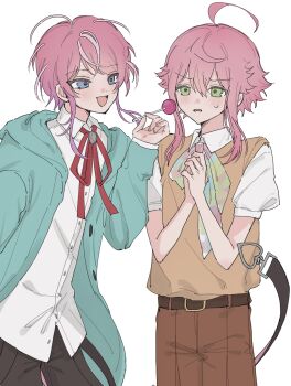 2boys absurdres ahoge amemura_ramuda androgynous belt black_pants blue_eyes blush bow brown_pants candy collared_shirt commentary ensemble_stars! food gradient_hair green_eyes green_jacket highres himemiya_tori holding holding_candy holding_food holding_lollipop hood hood_down hypnosis_mic jacket lollipop long_sidelocks long_sleeves male_focus multicolored_hair multiple_boys namahamususure nervous_sweating open_mouth own_hands_together pants pink_hair puffy_sleeves ribbon shirt short_hair sidelocks smile streaked_hair sweat sweater_vest white_background white_shirt