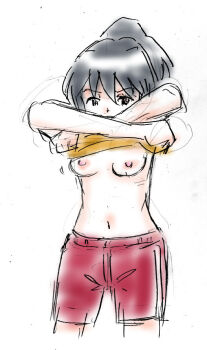 1girl black_hair breasts brown_eyes character_request clothes_lift copyright_request gym_uniform high_ponytail long_hair looking_at_viewer navel nipples orange_shirt ponytail red_shorts removing_shirt shirt shirt_lift shorts sketch small_breasts standing su_(pixiv_263717) undressing white_background