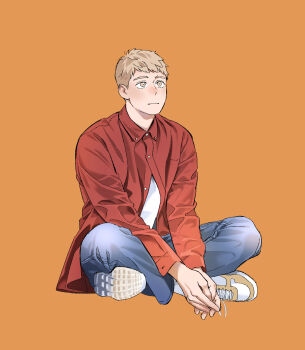 1boy blonde_hair blue_pants closed_mouth collared_shirt daki_daily denim dungeon_meshi highres indian_style jeans laios_touden light_blush male_focus orange_background own_hands_clasped own_hands_together pants red_shirt shirt shirt_under_shirt shoes short_hair sitting sneakers solo white_shirt yellow_eyes yellow_shoes