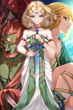 1girl 2boys absurdres archaic_set_(zelda) armlet bare_shoulders beard blonde_hair blue_eyes bracelet colored_skin commentary_request dress earrings facial_hair ganondorf green_eyes green_skin grin highres holding holding_sword holding_weapon jewelry link looking_at_viewer master_sword multiple_boys nintendo pointy_ears princess_zelda red_hair risumi_(taka-fallcherryblossom) smile strapless strapless_dress sword the_legend_of_zelda the_legend_of_zelda:_tears_of_the_kingdom weapon