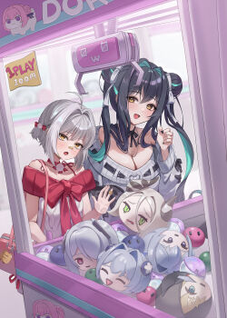 2girls absurdres bag bandaid bandaid_on_face bandaid_on_nose black_hair breasts character_doll cinderella_(nikke) cleavage commentary_request crane_game doll doro_(nikke) dress goddess_of_victory:_nikke grave_(nikke) green_hair gretel_(nikke) grey_hair handbag hansel_(nikke) highres large_breasts leviathan_(nikke) little_mermaid_(nikke) looking_at_viewer mori_(nikke) multiple_girls richiman short_hair sweater white_dress white_sweater yellow_eyes