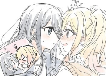 !? &gt;_&lt; 2girls black_hair blonde_hair blue_eyes blush brown_sweater_vest ear_blush eye_contact flying_sweatdrops hoshino_ichika_(project_sekai) long_hair looking_at_another multiple_girls open_mouth opi parted_lips project_sekai spoken_interrobang sweat sweater_vest tenma_saki upper_body yuri