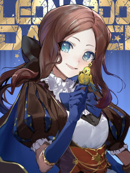 1girl black_bow blue_eyes blue_gloves blush bow breasts brown_dress brown_hair character_name dress elbow_gloves fate/grand_order fate_(series) forehead gloves gold_trim hair_bow highres leonardo_da_vinci_(fate) leonardo_da_vinci_(fate/grand_order) leonardo_da_vinci_(rider)_(fate) leonardo_da_vinci_(rider)_(first_ascension)_(fate) long_hair looking_at_viewer non-humanoid_robot open_mouth parted_bangs ponytail puff_and_slash_sleeves puffy_short_sleeves puffy_sleeves red_skirt robot robot_animal robot_bird short_sleeves skirt small_breasts smile solo suzuhi_(fullprayer)