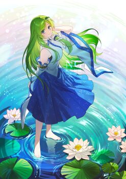 Rule 34 | 1girl, absurdres, album cover, arm behind back, barefoot, blue skirt, breasts, closed mouth, commentary request, cover, detached sleeves, enoki 3106, flower, frog hair ornament, full body, green eyes, green hair, hair ornament, hair tubes, highres, kochiya sanae, large breasts, lily pad, long hair, looking at viewer, ripples, single hair tube, skirt, smile, snake hair ornament, solo, toes, touhou, very long hair, water, water lily flower, watermark, white flower