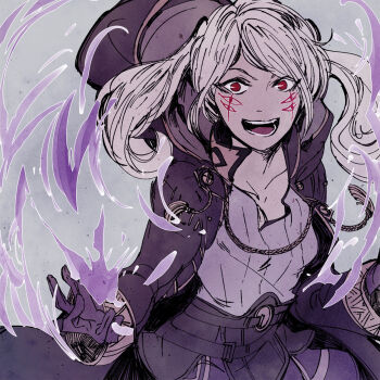 1girl belt evil_smile eyes_of_grima female_robin_(fire_emblem) female_robin_(grima)_(fire_emblem) fire_emblem fire_emblem_awakening fire_emblem_heroes gloves grima_(fire_emblem) highres looking_at_viewer nintendo red_eyes robe smile spell twintails upper_body white_hair wizard xuanlulu