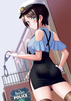 Rule 34 | 1girl, aqua eyes, ass, black skirt, blue shirt, blush, brown thighhighs, chest harness, clothing cutout, collared shirt, commentary request, criss-cross back-straps, cuffs, faubynet, frilled sleeves, frills, from behind, gloves, grin, hand on own hip, handcuffs, harness, hat, high-waist skirt, highres, holding, holding handcuffs, hololive, hololive grand theft auto, looking at viewer, looking back, miniskirt, official alternate costume, oozora subaru, oozora subaru (police), outdoors, peaked cap, pencil skirt, police, police hat, police uniform, policewoman, revision, shirt, shirt tucked in, short sleeves, shoulder cutout, side slit, skirt, smile, solo, standing, swept bangs, thighhighs, v-shaped eyebrows, virtual youtuber, white gloves, white hat