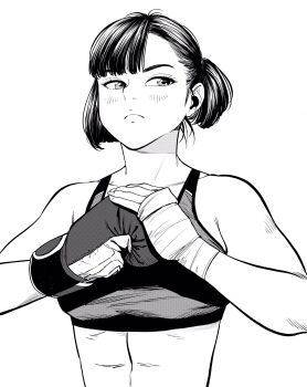 Rule 34 | 1girl, abs, asymmetrical bangs, asymmetrical hair, boxing gloves, breasts, commentary request, frown, gloves, greyscale, hand wraps, highres, lee (dragon garou), medium breasts, monochrome, one side up, original, serious, sideways glance, single glove, solo, sports bra, upper body