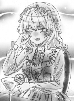 1girl chair cocktail_glass commentary_request cowboy_shot crying cup dress drinking_glass greyscale hat highres long_hair long_sleeves maribel_hearn marimohu_starry mob_cap monochrome one_eye_closed open_mouth see-through_clothes see-through_hat see-through_sleeves sitting solo table tears tears_from_one_eye touhou wiping_tears