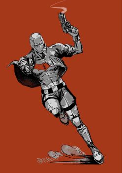 1boy bat_signal batman_(series) batman_symbol black_bodysuit black_gloves bodysuit brown_jacket dc_comics gloves grey_bodysuit highres jacket jason_todd male_focus mask multicolored_bodysuit muscular muscular_male open_clothes pants red_hood_(dc) red_hood_and_the_outlaws red_mask salano_o superhero_costume taut_bodysuit two-tone_bodysuit