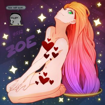 1boy 1girl artist_name artist_self-insert barefoot blue_background censored character_name closed_mouth collarbone completely_nude feet fingernails from_side gradient_background gradient_hair green_eyes head_tilt heart heart_censor league_of_legends long_hair looking_at_viewer looking_to_the_side multicolored_hair navel nude orange_hair pink_hair purple_background purple_hair seiza sitting speech_bubble srgrafo star_(symbol) very_long_hair zoe_(league_of_legends)