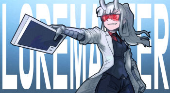 avengers:_endgame avengers_(series) black_legwear blouse blue_background character_name ddolbang demon_girl demon_horns demon_tail female_focus formal_clothes glasses goggles grin hair_between_eyes helltaker horns lab_coat long_hair loremaster_(helltaker) marvel marvel mechanical_arms necktie pants pointing ponytail prosthesis prosthetic_arm red-tinted_eyewear red-tinted_glasses red_eyes red_shirt shirt smile smirk sunglasses tablet_pc tagme tail text_background tinted_eyewear vest visor white_hair