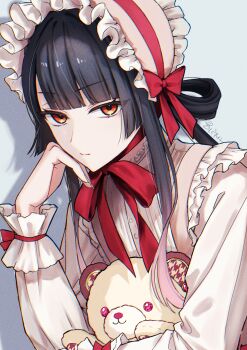 18trip 1boy absurdres arm_support black_hair bow buttons chinstrap commentary_request crossdressing crossdressing_(mtf) frilled_headwear frilled_shirt frills hair_rings hairband highres holding holding_stuffed_toy kotonojo_yuzuriha lolita_fashion lolita_hairband long_hair long_sleeves looking_at_viewer male_focus red_bow red_eyes red_ribbon ribbon shadow shirt sidelocks simple_background solo stuffed_animal stuffed_toy tanu_shigureni trap white_background white_shirt wispy_bangs