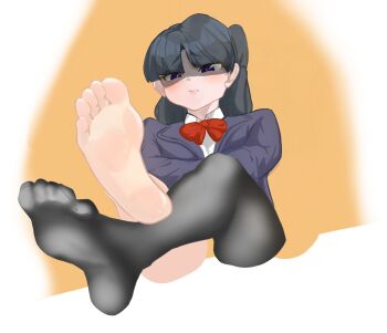 1girl barefoot black_hair black_thighhighs blue_eyes crossed_arms crossed_legs feet guang_muying highres light_blush long_hair looking_at_viewer original school_uniform shaded_face single_thighhigh soles thighhighs toes