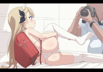 1boy 1girl ass backpack bag camera faceless faceless_male hetero highres holding holding_camera idol idoly_pride leg_lift letterboxed light_brown_hair loli long_hair looking_at_viewer lying narumiya_suzu on_side panties pornography_production presenting randoseru red_bag short_sleeves sincos taking_picture thighhighs underwear watch white_panties white_thighhighs wristwatch