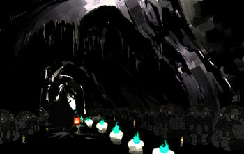 alternate_color black_background blue_fire candle darmanitan darmanitan_(zen) facing_away fire full_body gen_1_pokemon gen_5_pokemon gengar ghost holding holding_lantern isutai lantern litwick nintendo no_humans pokemon pokemon_(creature) shiny_pokemon simple_background standing statue