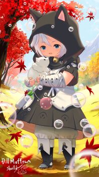 1girl animal autumn_leaves bell black_dress blue_eyes boots bubble commentary_request commission dress final_fantasy final_fantasy_xiv grey_hair highres holding holding_animal hood hood_up jingle_bell lalafell leaf neck_bell open_mouth outdoors shelldy short_sleeves signature skeb_commission solo standing