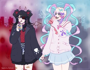 Rule 34 | 2girls, :d, absurdres, alternate costume, ame-chan (needy girl overdose), angel and devil, bandaid, bandaid on leg, black eyes, black hair, black jacket, black skirt, blonde hair, blue eyes, blue hair, blue skirt, bow, can, chouzetsusaikawa tenshi-chan, colored tips, cowboy shot, drawn halo, drawn horns, drawn wings, dual persona, hair bow, halo, head tilt, highres, holding, holding can, holding hands, jacket, looking at another, monster energy, multicolored hair, multiple girls, multiple hair bows, needy girl overdose, open mouth, pink hair, pink sweater, quad tails, red shirt, shirt, skirt, smile, sweater, tempusumbra, thigh cutting