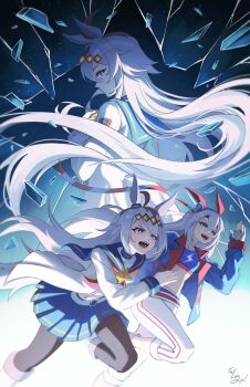 2girls ahoge animal_ears belt black_pantyhose blue_eyes blue_hairband blue_jacket blue_sailor_collar blue_skirt blue_sports_bra boots broken_glass brooch commentary ear_covers ear_ornament fingerless_gloves glass gloves grey_hair grey_tail hair_between_eyes hair_ornament hairband headband highres horse_ears horse_girl horse_tail jacket jewelry lightning_bolt_print lightning_bolt_symbol long_hair long_sleeves midriff multicolored_hair multicolored_hairband multiple_girls navel neckerchief oguri_cap_(starlight_beat)_(umamusume) oguri_cap_(umamusume) open_mouth pants panty_straps pantyhose pleated_skirt red_belt red_headband red_neckerchief running sailor_collar shirt skirt smile sports_bra star_brooch striped_clothes striped_hairband tail tailong_yo tamamo_cross_(fast_as_lightning)_(umamusume) tamamo_cross_(umamusume) teeth two-tone_hairband umamusume umamusume:_cinderella_gray very_long_hair white_boots white_gloves white_jacket white_pants white_shirt