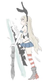 1girl anchor_hair_ornament black_hairband black_neckerchief black_panties blonde_hair blue_sailor_collar blue_skirt crop_top elbow_gloves gloves hair_ornament hairband highleg highleg_panties highres kantai_collection long_hair microskirt miniskirt neckerchief panties pleated_skirt rudder_footwear sailor_collar shimakaze_(kancolle) ship shirt skirt sleeveless sleeveless_shirt solo standing striped_clothes striped_thighhighs thighhighs underwear watercraft white_gloves yaruki_(kodlerqzjufgnkp)