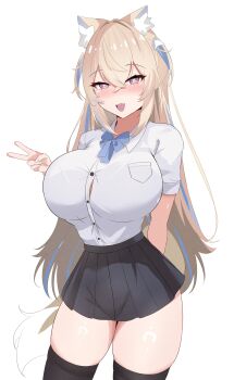 1girl absurdres alternate_costume animal_ear_fluff animal_ears black_skirt black_thighhighs blonde_hair blue_streaks blush dog_ears dog_girl dog_tail fang fuwawa_abyssgard highres hololive hololive_english long_hair looking_at_viewer multicolored_hair open_mouth pink_eyes sasaki_ikuya shirt skin_fang skirt smile solo streaked_hair tail thighhighs two_side_up very_long_hair virtual_youtuber white_shirt