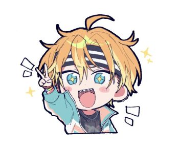 18trip 1boy ahoge aqua_eyes arm_up black_shirt blonde_hair blue_jacket bracelet commentary_request crew_neck cropped_torso diamond-shaped_pupils diamond_(shape) headband isotake_akuta jacket jewelry knk_n long_sleeves male_focus multicolored_hair necklace open_mouth orange_hair shirt solo sparkle striped_headband symbol-shaped_pupils teeth tongue upper_teeth_only v white_background