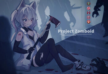 1girl 1other 3others animal_ear_fluff animal_ears axe bare_shoulders battle_axe black_bra black_gloves black_thighhighs bleeding blood blood_on_clothes blood_on_face blood_splatter bloody_weapon blue_eyes blurry blurry_foreground boots bra breasts broken broken_weapon bruise cat_ears cleavage cleavage_cutout clenched_teeth closed_mouth clothing_cutout coat corpse crowd crying crying_with_eyes_open cuts damaged death defeat dress elbow_gloves english_text fingerless_gloves fox_ears fox_girl frown full_body gameplay_mechanics gloves hair_between_eyes hair_ornament hairclip heads-up_display health_bar heterochromia highres holding holding_axe holding_weapon injury jacket jewelry karin_(vrchat) kirok_orange knees_up long_hair looking_down medium_hair monster multiple_others night on_floor on_ground open_clothes open_jacket out_of_frame outdoors pantyhose people project_zomboid protecting rain raised_eyebrows red_eyes right_shoe_removed sad scared scratches shadow shirt shoes shorts sidelocks silhouette single_boot single_shoe sitting sleeveless sleeveless_coat sleeveless_dress sleeveless_jacket sleeveless_shirt small_breasts sneakers solo solo_focus surrounded sword tail tearing_up tears teeth thighhighs torn_clothes torn_gloves torn_jacket torn_pantyhose torn_shirt torn_thighhighs trembling twintails two_side_up underwear user_interface vest vrchat weapon white_coat white_hair white_jacket white_shoes zipper zombie