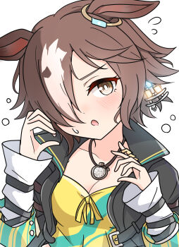 Rule 34 | 1girl, absurdres, animal ears, arnolddayo, black jacket, blush, breasts, brown eyes, brown hair, cleavage, commentary request, ear ornament, hair over one eye, highres, horse ears, horse girl, jacket, long hair, long sleeves, looking at viewer, medium breasts, multicolored hair, open clothes, shirt, solo, stopwatch, stopwatch around neck, sweat, umamusume, upper body, vodka (umamusume), vodka (wild top gear) (umamusume), watch, white hair, yellow shirt