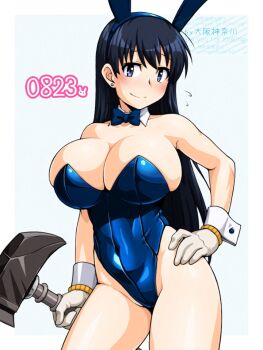 1girl animal_ear_hairband animal_ears arato_nagi bare_legs black_hair blue_bow blue_bowtie blue_eyes blue_leotard bow bowtie breasts bunny_day dated detached_collar earrings fake_animal_ears gloves hairband hand_on_own_hip holding holding_pickaxe jewelry large_breasts leotard long_hair oosaka_kanagawa pickaxe playboy_bunny rabbit_ears rabbit_tail ruri_no_houseki solo strapless strapless_leotard stud_earrings tail white_gloves work_gloves wrist_cuffs