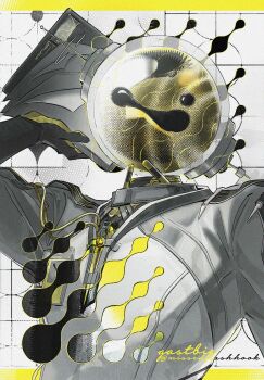 1boy black_gloves clipboard ferrofluid fishbowl_helmet gastbie gloves grid_background hand_up highres holding holding_clipboard jumpsuit male_focus object_head paper reverse:1999 solo ulrich_(reverse:1999) upper_body white_background white_jumpsuit