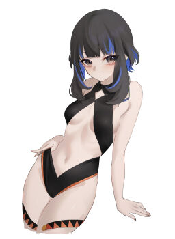 1girl absurdres black_hair black_leotard blue_hair breasts fate/grand_order fate_(series) grey_eyes hashtag-only_commentary highres leotard medium_breasts mikon_(nicknqme) multicolored_hair navel short_hair solo tenochtitlan_(fate) tenochtitlan_(second_ascension)_(fate) two-tone_hair white_background