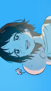 1girl ^3^ alien backpack bag black_hair blush creature flower flower_on_head highres kuze_shizuka mywishislily octopus open_mouth randoseru shirt short_hair simple_background smile takopii takopii_no_genzai white_shirt