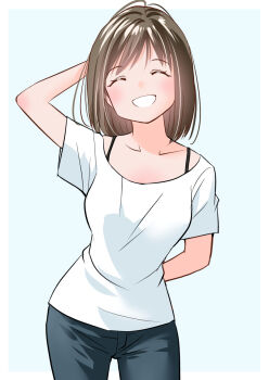 Rule 34 | 1girl, ^ ^, arm behind back, arm behind head, blue background, border, bra strap, brown hair, closed eyes, collarbone, facing viewer, grey pants, original, outside border, pants, shirt, short hair, simple background, smile, solo, standing, white border, white shirt, yamanaka kouji (yanchiki2001)