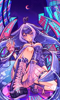 1girl ahoge belt_collar blue_hair breasts cetacean_tail cleavage collar commentary crescent_moon cup drinking_glass drinking_straw facial_mark fins fish_tail heart heart_ahoge highres holding holding_cup indie_virtual_youtuber large_breasts long_hair looking_at_viewer moon multicolored_hair night open_mouth orca_girl purple_eyes shylily skirt solo tail tuiffff untranslatable_commentary virtual_youtuber white_hair