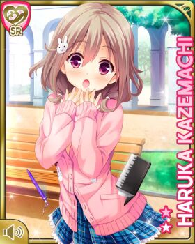 1girl :o blue_skirt brown_hair card_(medium) cardigan character_name girlfriend_(kari) hair_ornament hands_on_own_chest kazemachi_haruka looking_at_viewer miniskirt notebook official_art open_mouth partially_open_cardigan pen pink_cardigan plaid_clothes plaid_skirt pleated_skirt purple_eyes qp:flapper rabbit_hair_ornament school_uniform shirt skirt solo standing surprised yellow_shirt