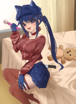 1girl absurdres animal_hat bed bedroom blue_gloves blue_hat blush breasts cat_hat collar commentary cool_mita_(miside) crop_top crop_top_overhang dildo eyes_visible_through_hair gloves hat highres hitachi_magic_wand holding holding_sex_toy kitchen_knife knife long_hair looking_at_viewer miside mita_(miside) open_mouth pleated_skirt red_collar red_thighhighs rezebeee sex_toy simple_background skirt smile solo stuffed_animal stuffed_toy teddy_bear thighhighs vibrator