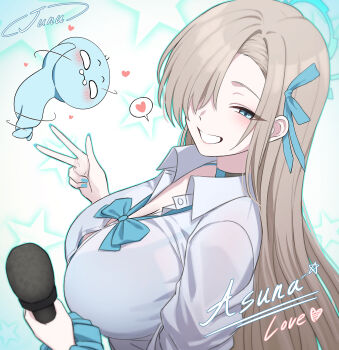 1boy 1girl absurdres asuna_(blue_archive) asuna_(school_uniform)_(blue_archive) blonde_hair blue_archive blue_bow blue_bowtie blue_eyes blue_halo blush bow bowtie breasts button_gap choker cleavage grin hair_over_one_eye hair_ribbon halo highres holding holding_microphone junu_(jwoo5627) large_breasts long_hair looking_at_viewer microphone ribbon scrunchie shirt smile v very_long_hair white_shirt wrist_scrunchie