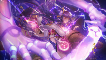 2girls artist_name blunt_bangs blurry breasts bridal_gauntlets cleavage clothing_cutout commentary_request copyright_name depth_of_field drawing_sword dual_persona electricity fan_hair_ornament genshin_impact glowing glowing_sword glowing_weapon hair_down hair_flowing_over hair_ornament highres holding holding_sword holding_weapon huge_breasts human_scabbard japanese_clothes katana kimono leaning_forward long_braid long_sleeves looking_to_the_side mechanical_arms mechanical_hands mitsudomoe_(shape) mole mole_under_eye multiple_girls musou_isshin_(genshin_impact) neck_ribbon off_shoulder parted_lips purple_eyes purple_hair purple_kimono raiden_shogun raiden_shogun_(magatsu_mitake_narukami_no_mikoto) raion_(soraelf) red_ribbon red_sash ribbon sash shoulder_cutout solo_focus standing sword sword_between_breasts tomoe_(symbol) upper_body weapon wide_sleeves