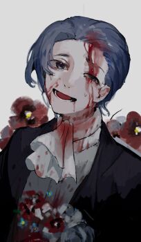 1boy ascot black_jacket blood blood_in_hair blood_on_clothes blood_on_face blue_eyes blue_flower blue_hair chinese_commentary commentary_request flower grey_vest highres jacket male_focus one_eye_closed open_clothes open_jacket open_mouth red_flower saibou_shinkyoku short_hair smile solo upper_body utsugi_rangiri vest vihua6 white_ascot