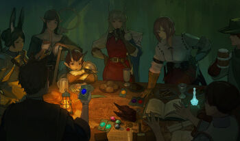 4boys 4girls alcohol armor beer belt black_hair book bowl bread cape card chalice circlet cup dagger dark elf fantasy food gauntlets gem gloves hand_on_own_hip hand_on_own_chin hat head_rest highres holding holding_card holding_cup horns knife lantern leaning_forward map mug multiple_boys multiple_girls original pauldrons plate playing_games pointy_ears ponytail potion purple_hair rabbit_ears shoulder_armor single_gauntlet single_pauldron sonech staff stroking_own_chin table tunic twintails weapon
